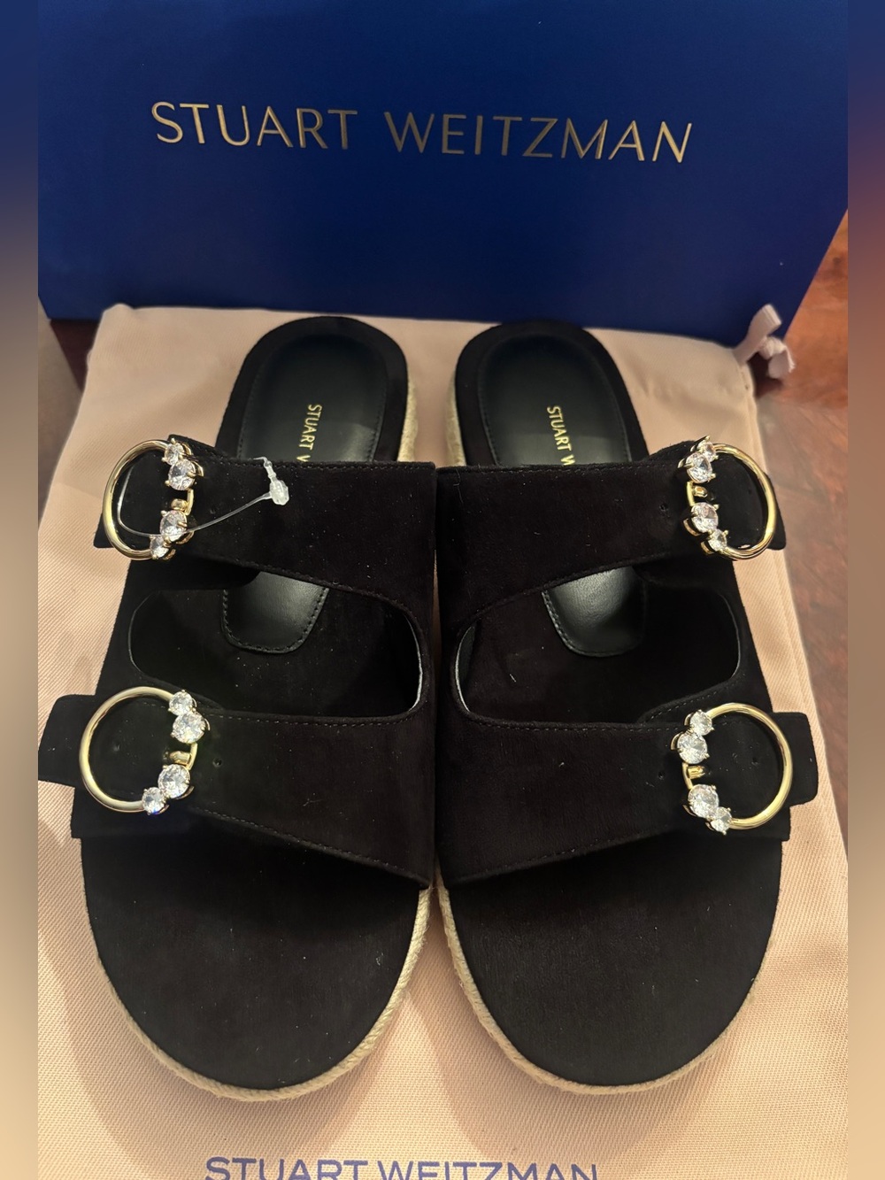 Stuart Weitzman Black Suede Slide Sandals with Gold Crystal Buckles